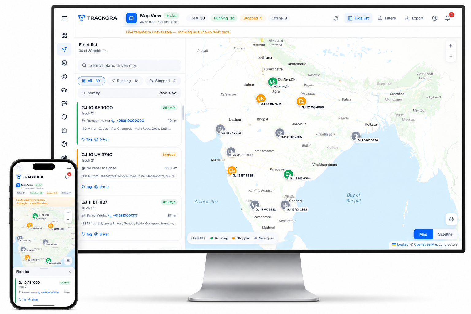 Trackora fleet dashboard with live GPS tracking, alerts, and analytics